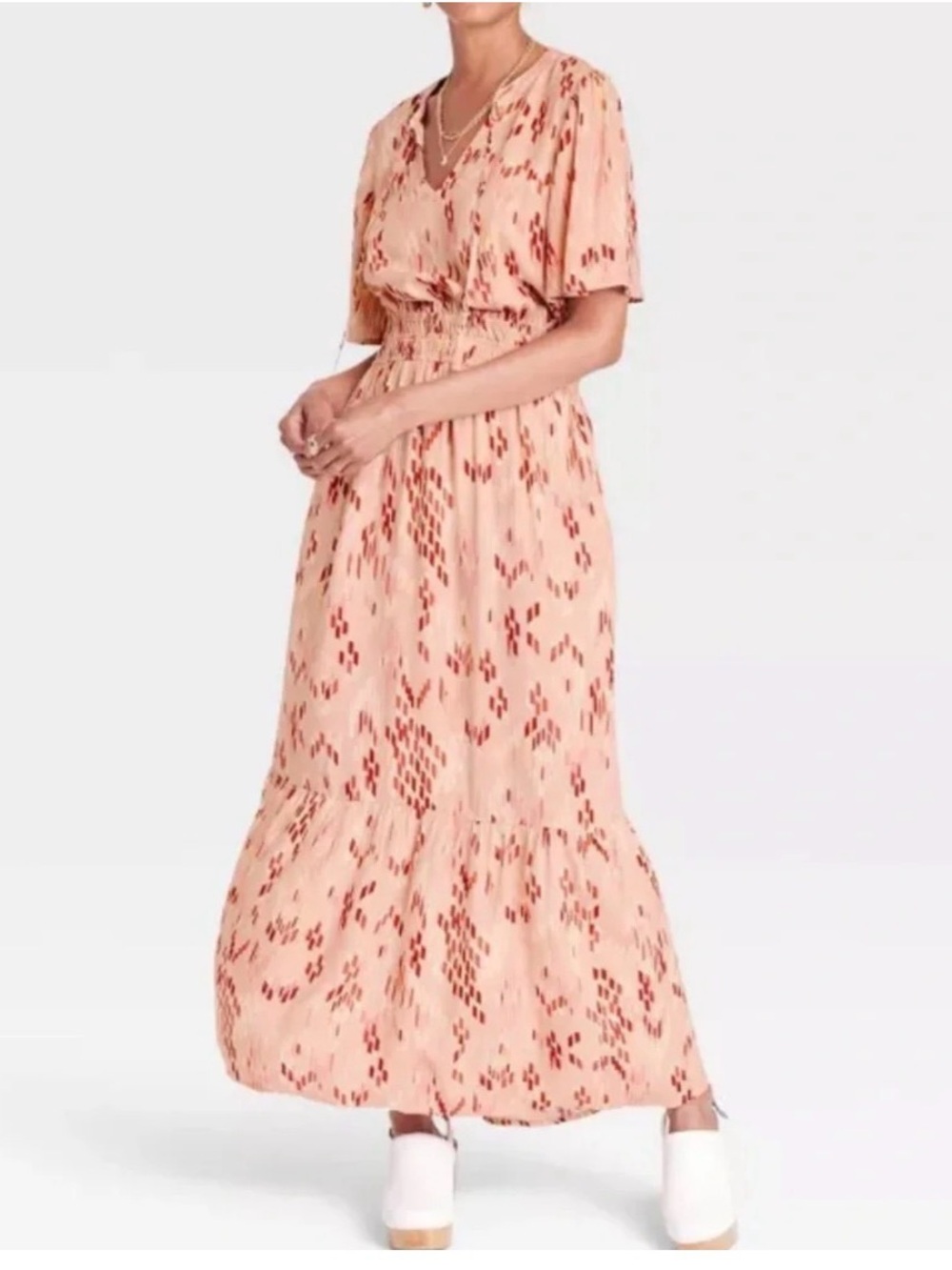 Knox Rose Peach Maxi Dress with Red Print// NWT // L